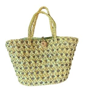Lancome Bag Yellow Woven Straw Purse Double Handle Tote Beach